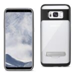 Smartphone with a protective case featuring a kickstand on the back.