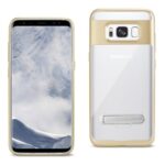 Front and back views of a sleek smartphone with a gold and white case.