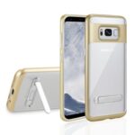 Gold and clear protective phone case with kickstand for a smartphone.
