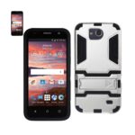 Compact smartphone with a rugged white and black protective case.