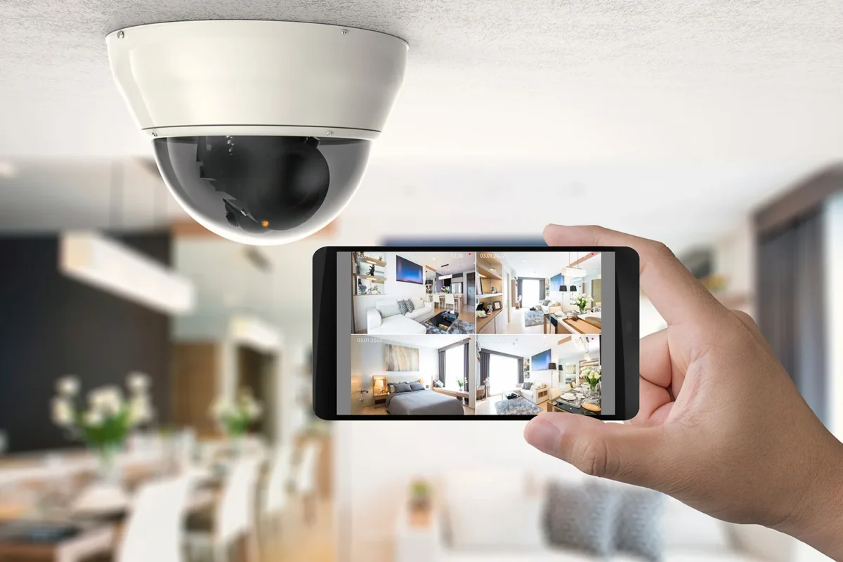A hand holding a smartphone displaying security camera footage indoors.