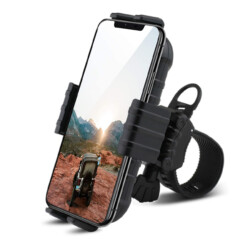 Smartphone in a rugged bike mount holder.